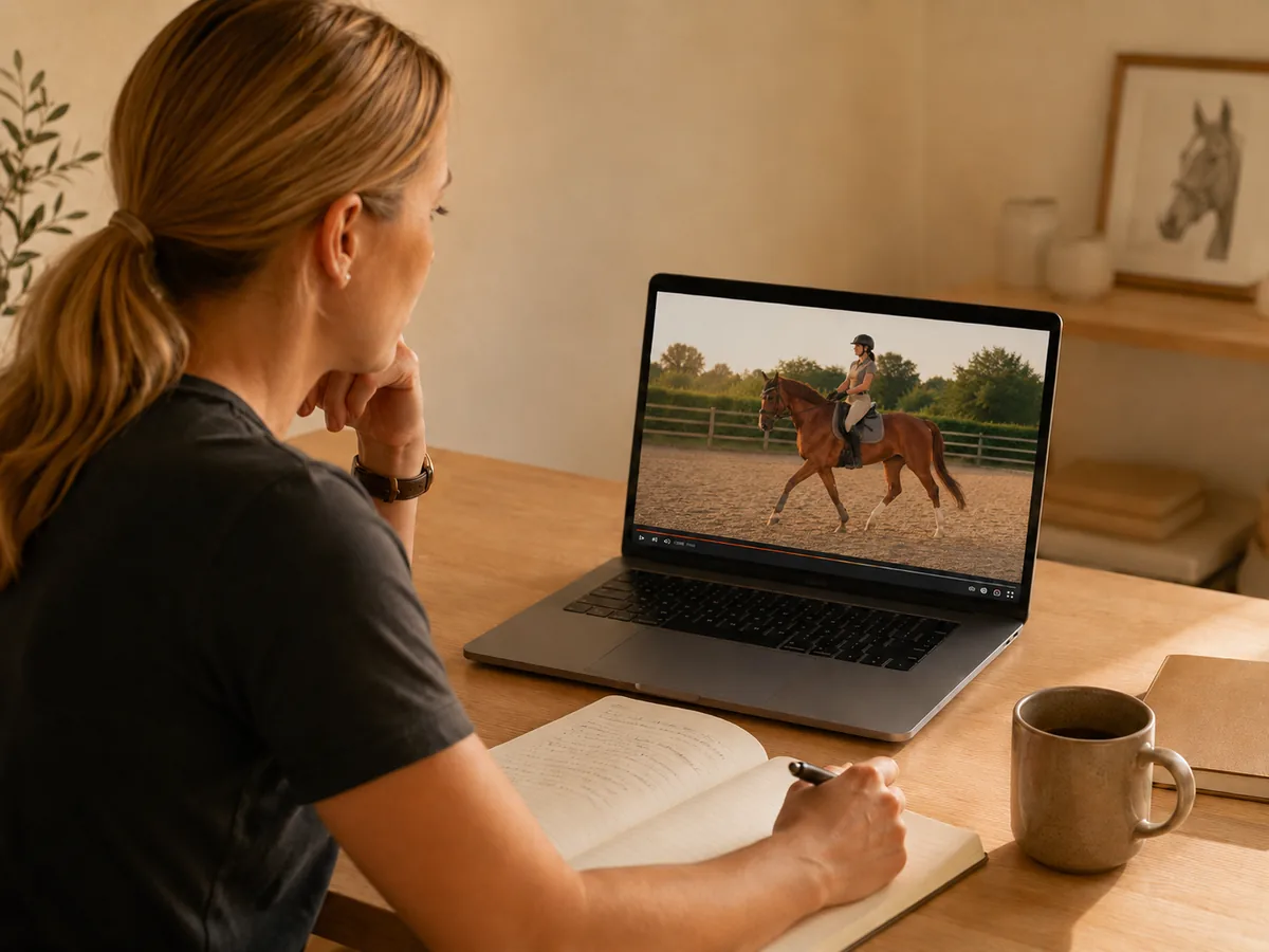 Trainerin sieht sich einen Trainingsritt am Laptop an und macht sich Notizen