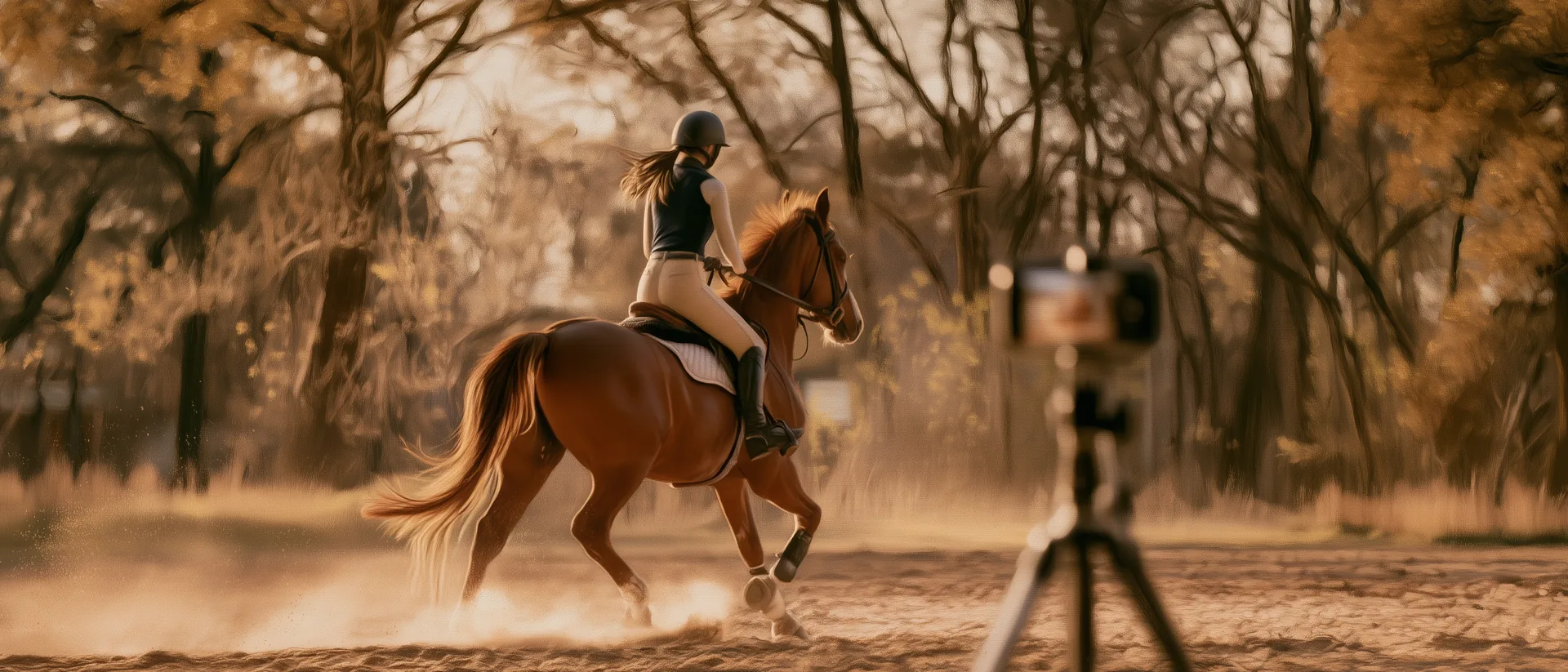 Gemälde: Reiterin im Galopp auf dem Sandplatz, im Vordergrund filmt ein Handy auf dem Stativ den Ritt